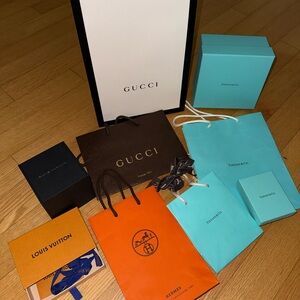Designer shopping bags, boxes, and ribbon